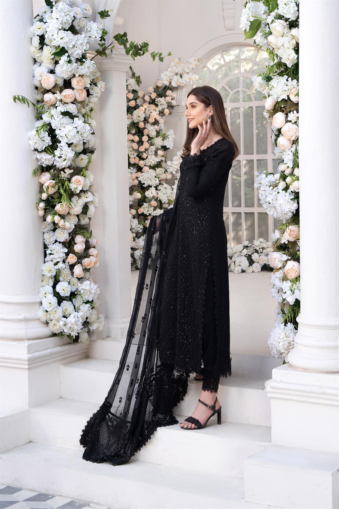 Black Embroidered Raw Silk Ladies Readymade
