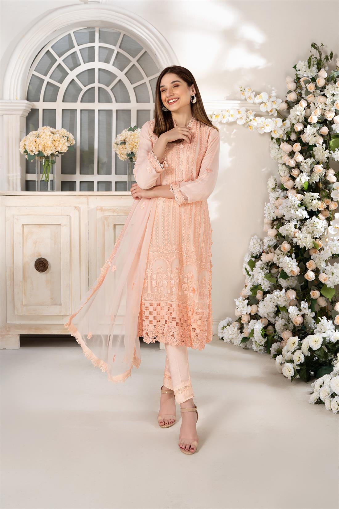 Light Peach Embroidered 3 Piece Heavy Shirt with Raw Silk Trouser