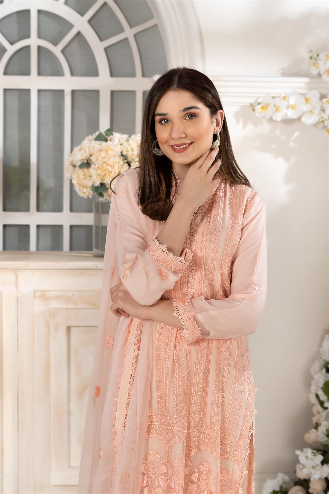Light Peach Embroidered 3 Piece Heavy Shirt with Raw Silk Trouser
