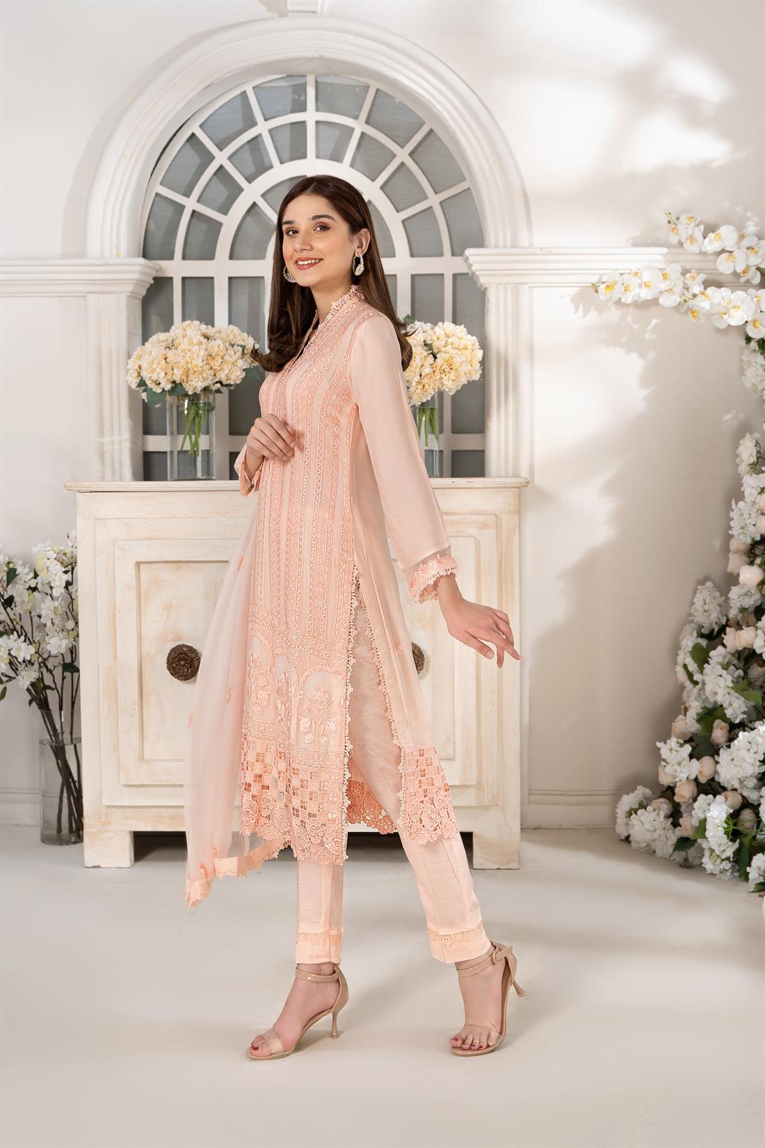 Light Peach Embroidered 3 Piece Heavy Shirt with Raw Silk Trouser