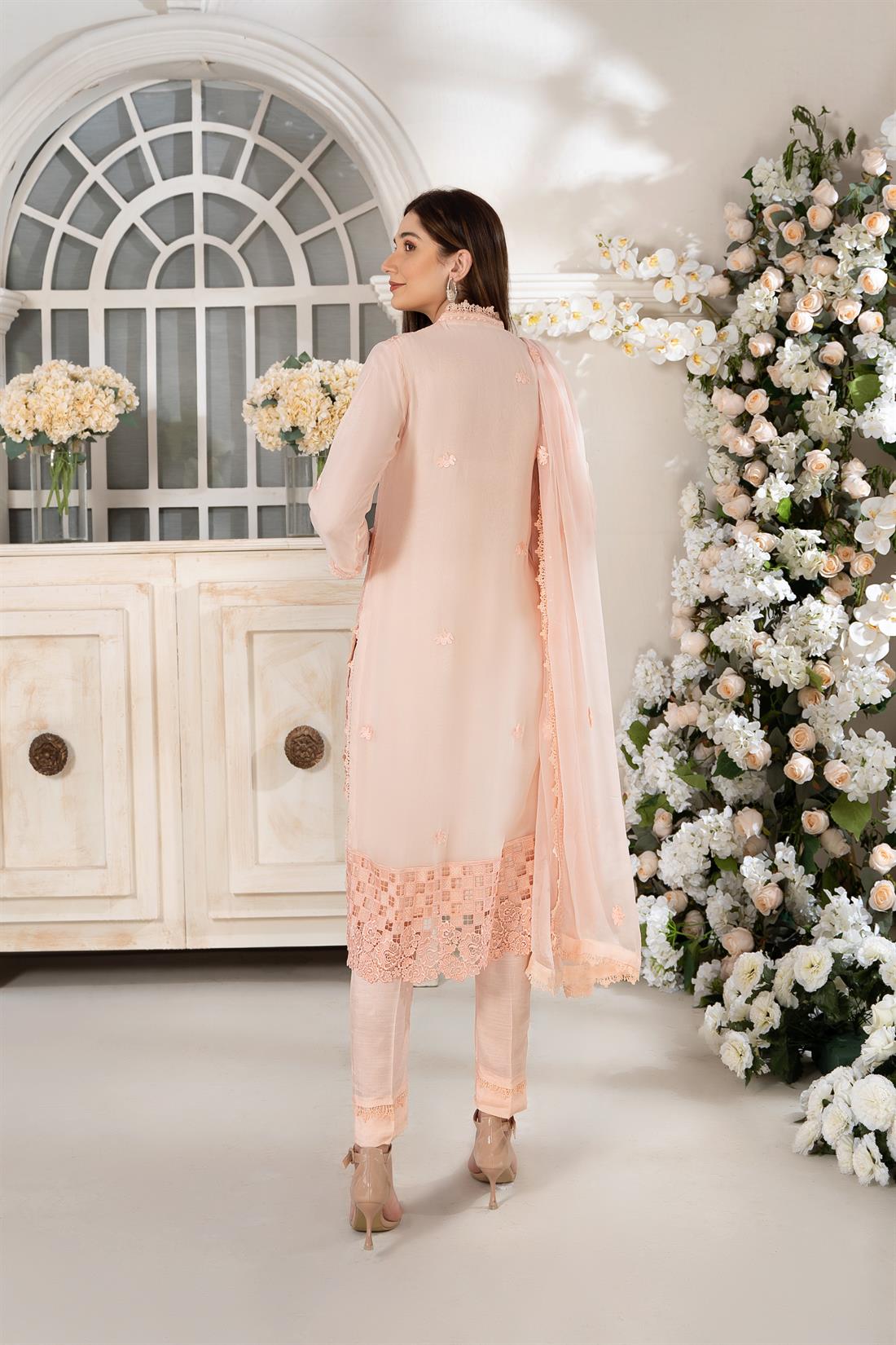 Light Peach Embroidered 3 Piece Heavy Shirt with Raw Silk Trouser