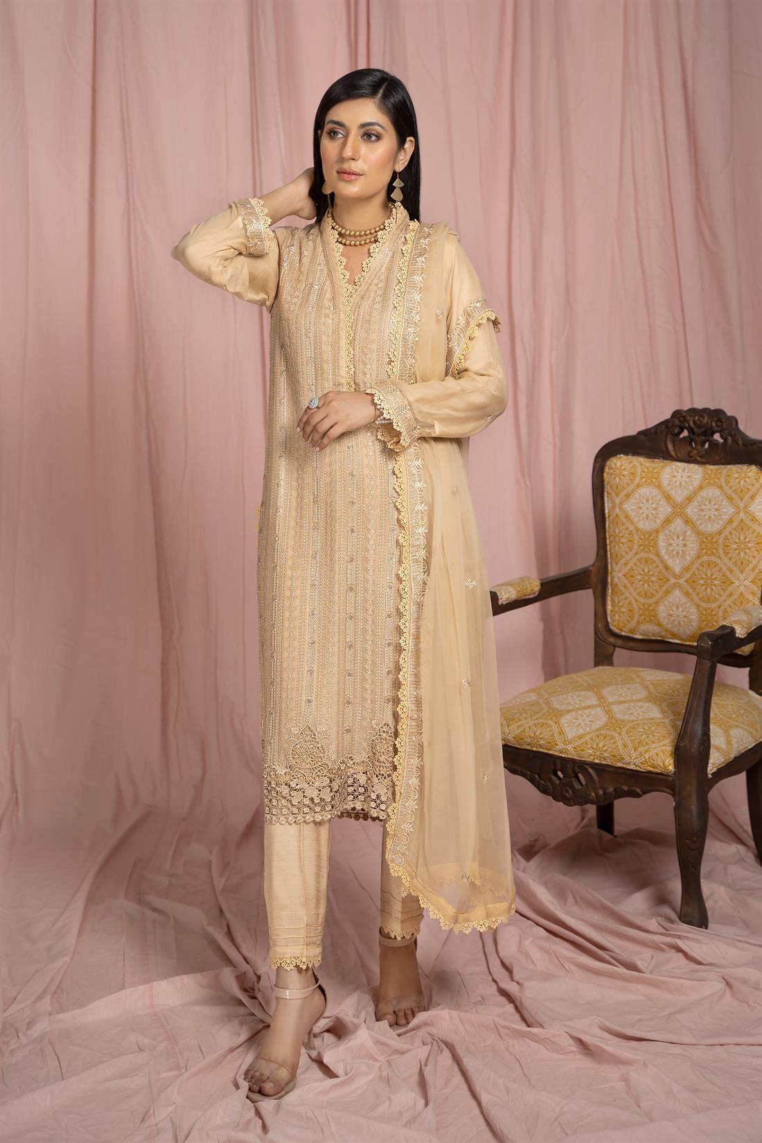 Gold Heavy Embroidered Shirt with Raw Silk Trouser