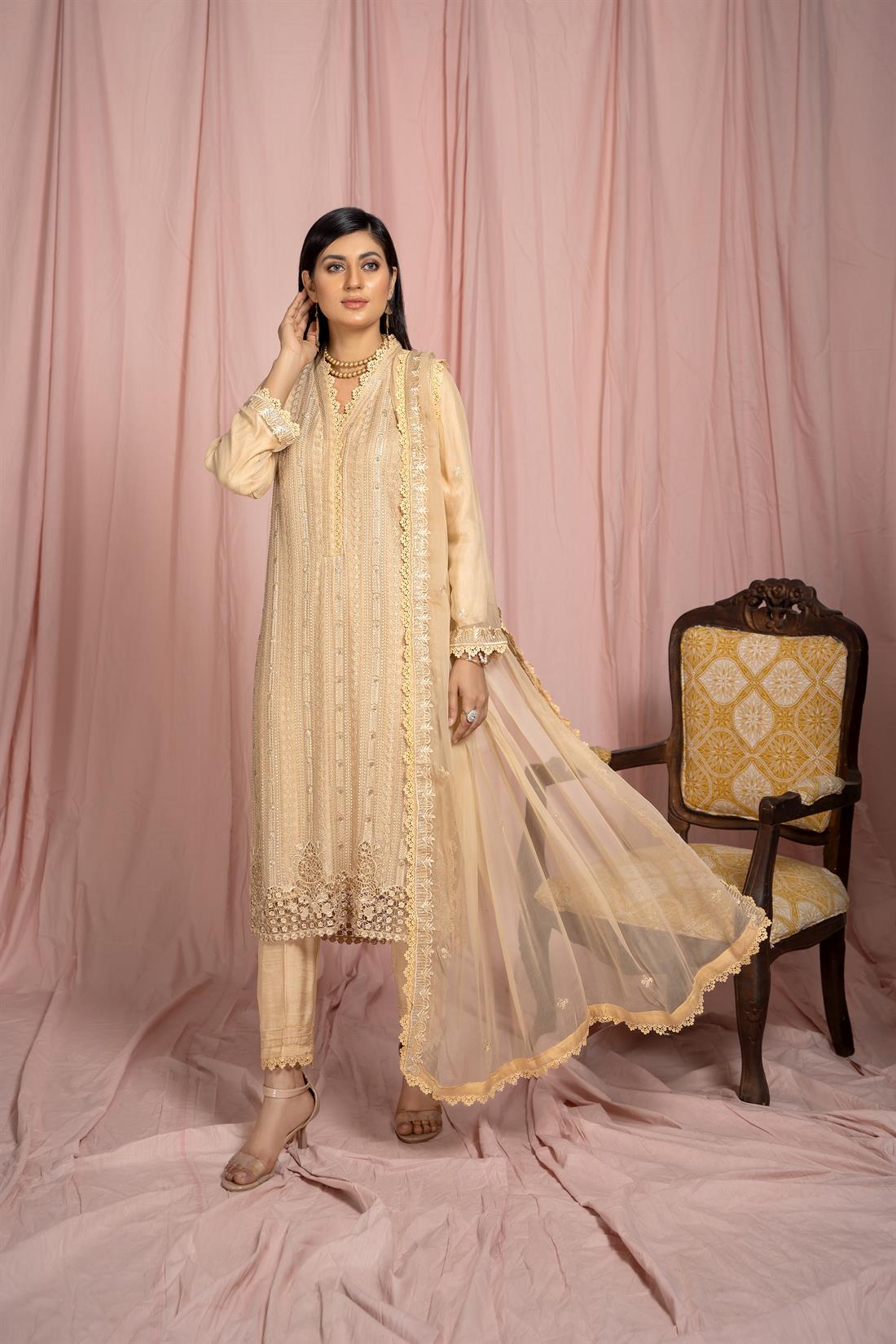 Gold Heavy Embroidered Shirt with Raw Silk Trouser
