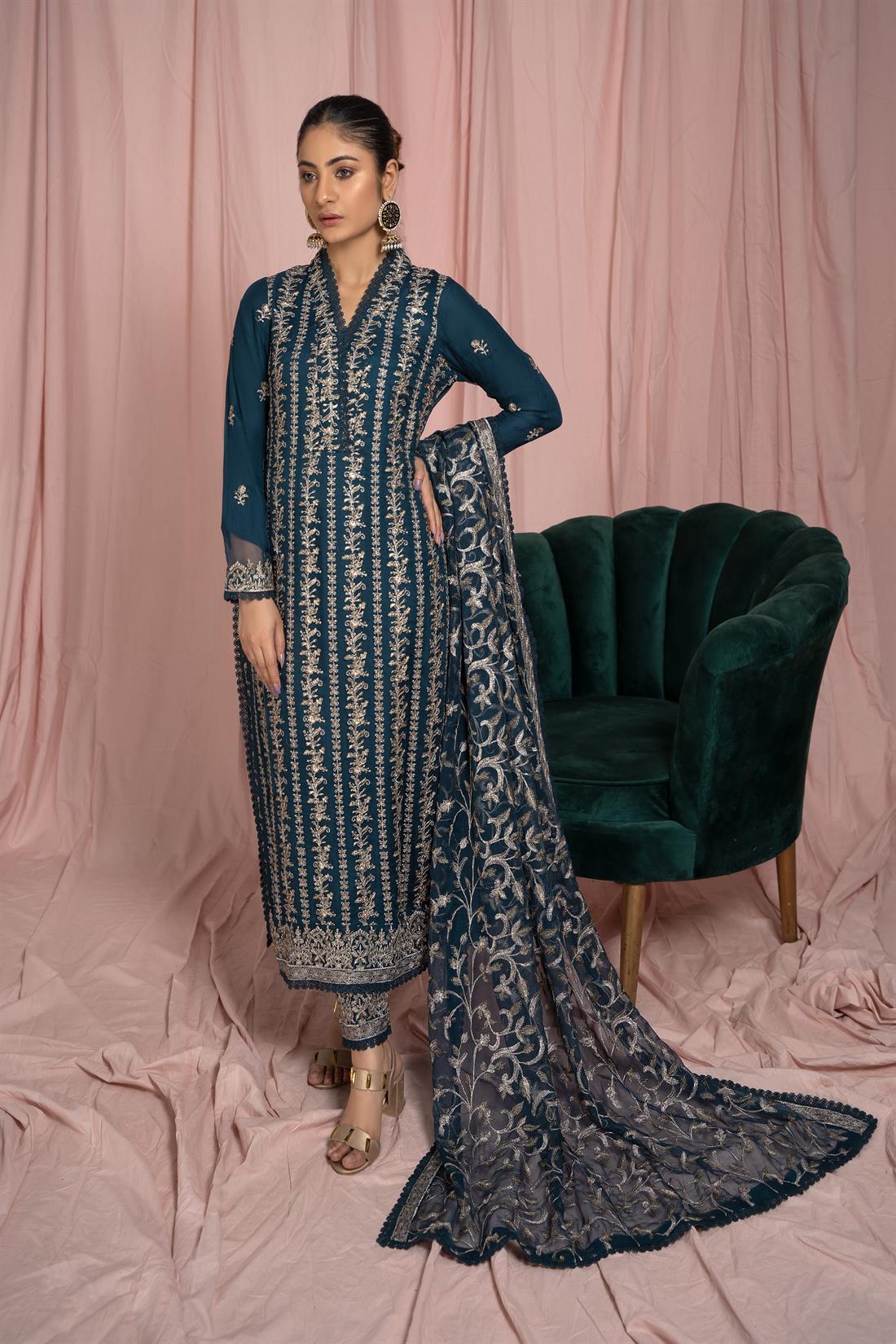 Teal 3 Piece Heavy Embroidered Shirt with Raw Silk Trouser