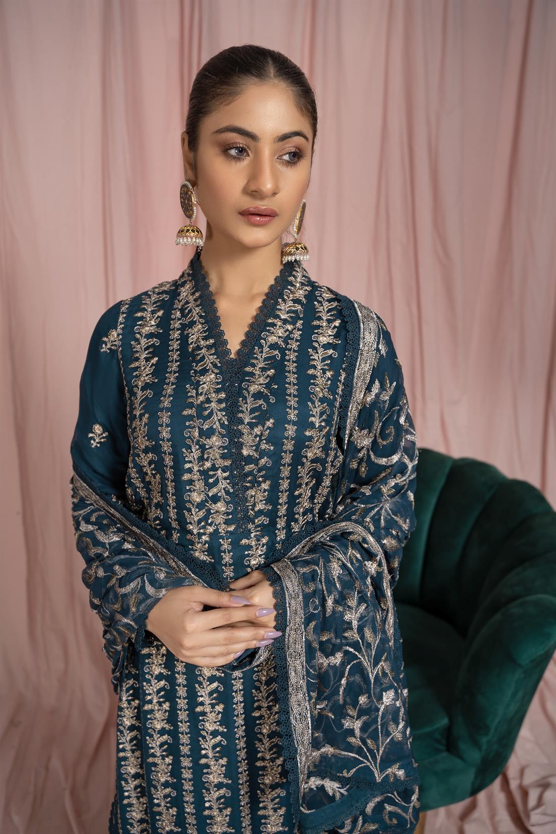 Teal 3 Piece Heavy Embroidered Shirt with Raw Silk Trouser