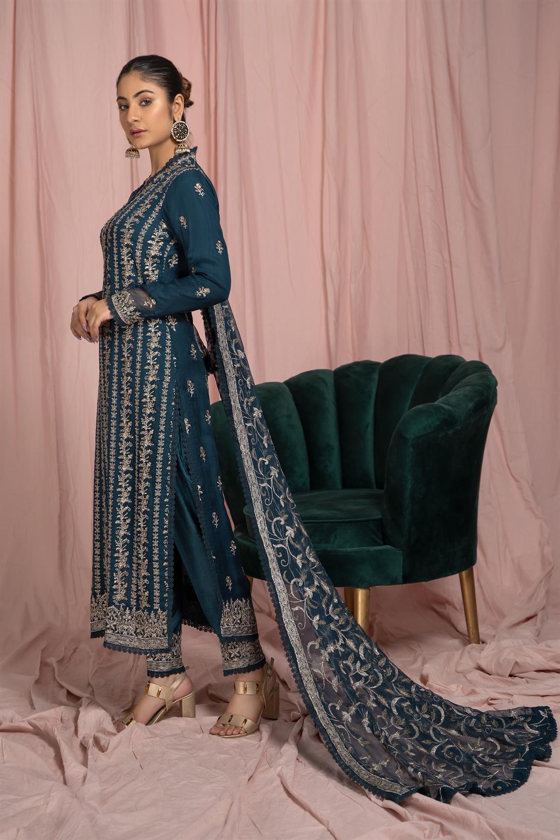 Teal 3 Piece Heavy Embroidered Shirt with Raw Silk Trouser