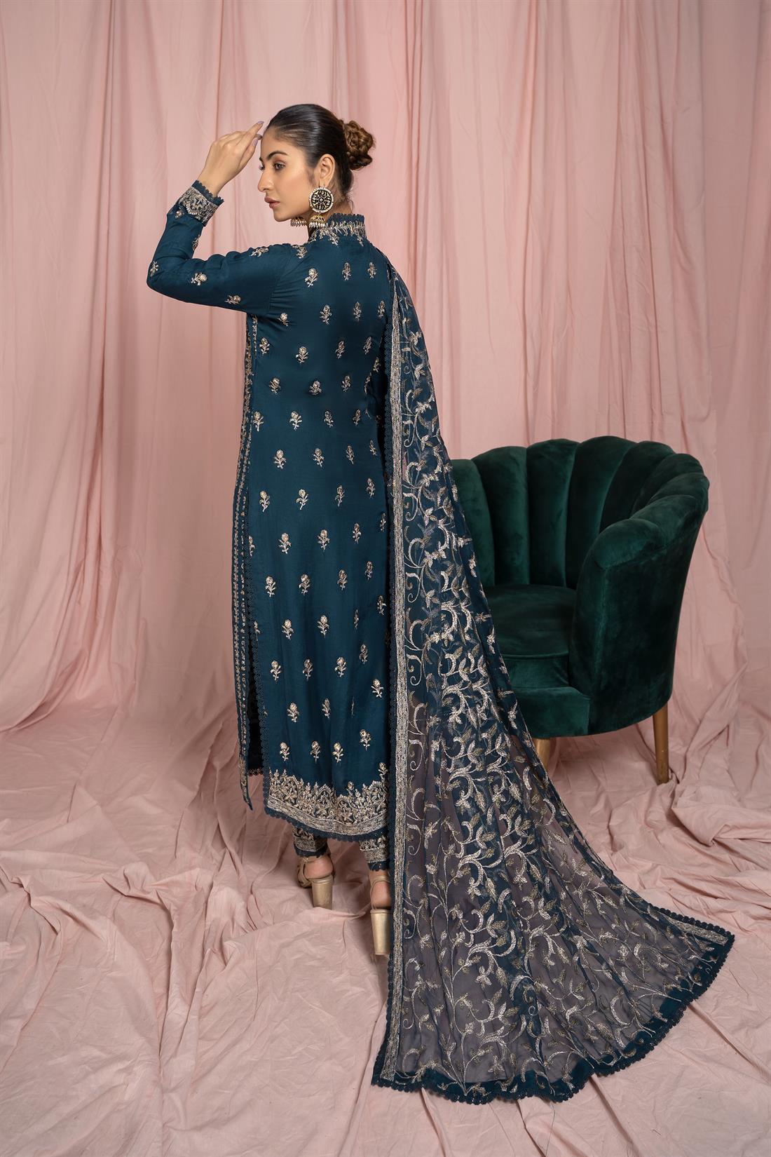 Teal 3 Piece Heavy Embroidered Shirt with Raw Silk Trouser