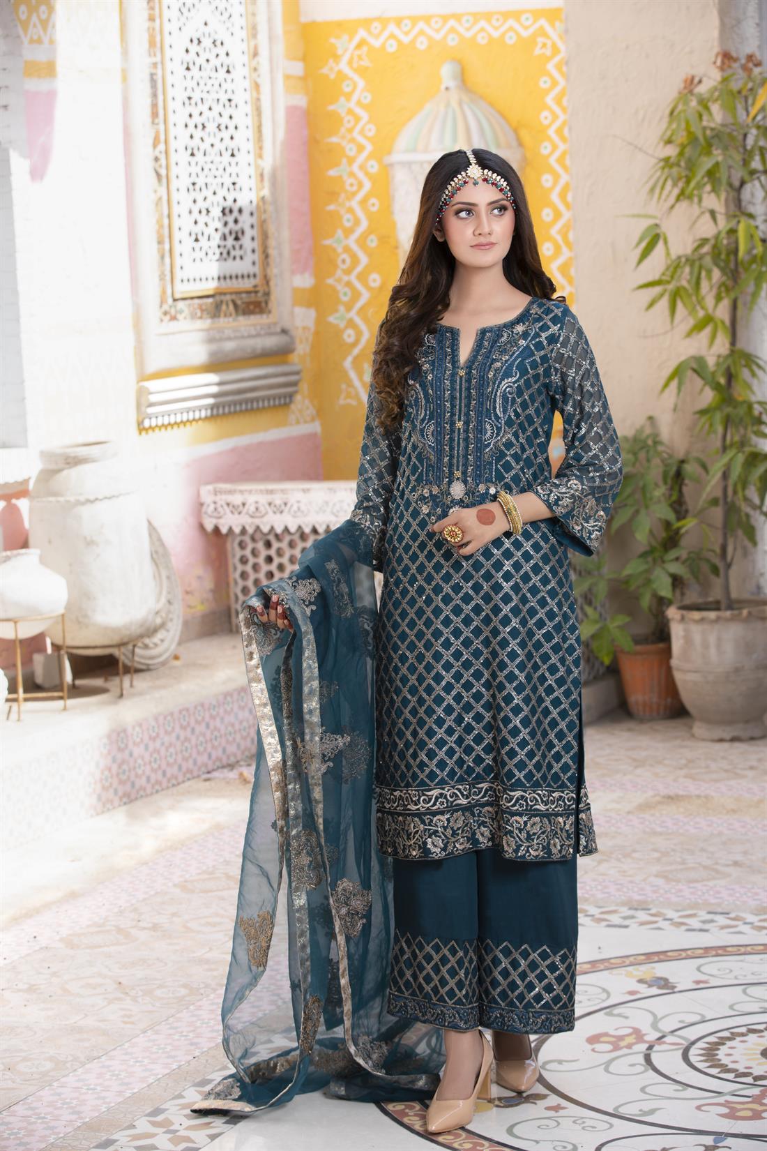 Zinc 3 Piece Embroidered Chiffon Kameez with Palazzo