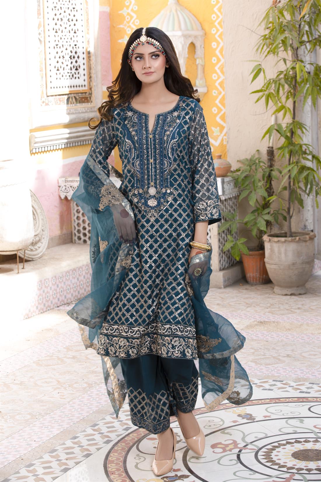 Zinc 3 Piece Embroidered Chiffon Kameez with Palazzo