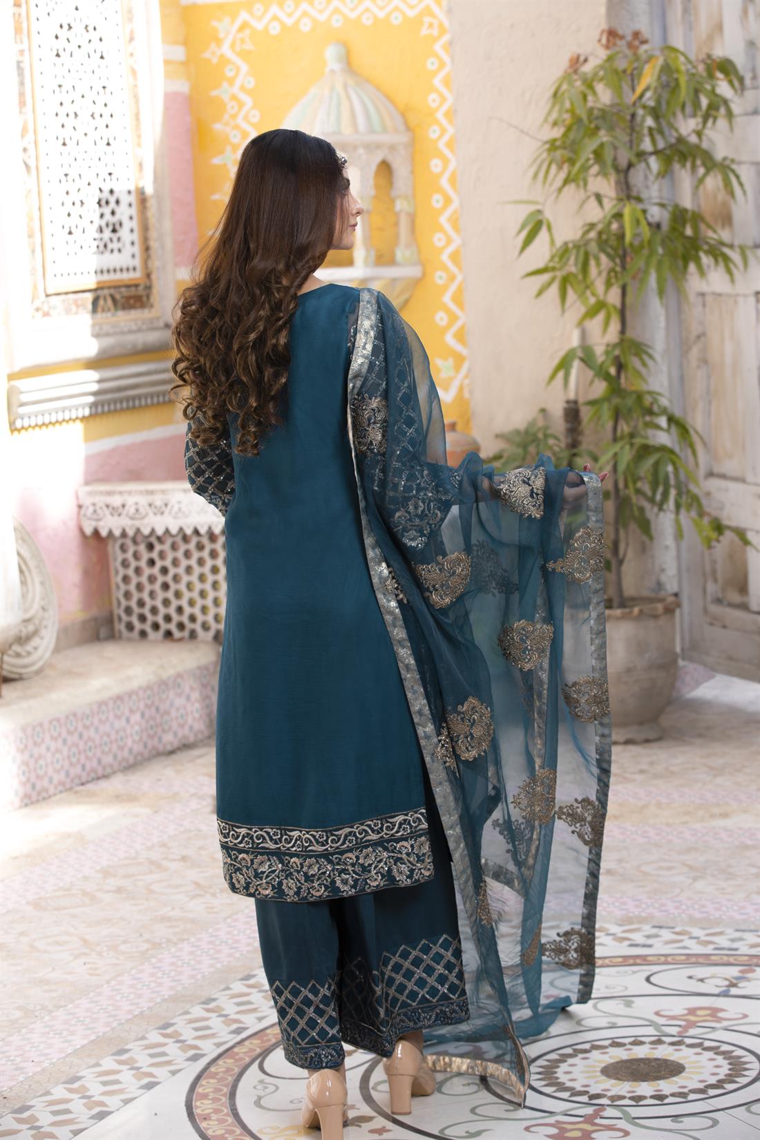 Zinc 3 Piece Embroidered Chiffon Kameez with Palazzo