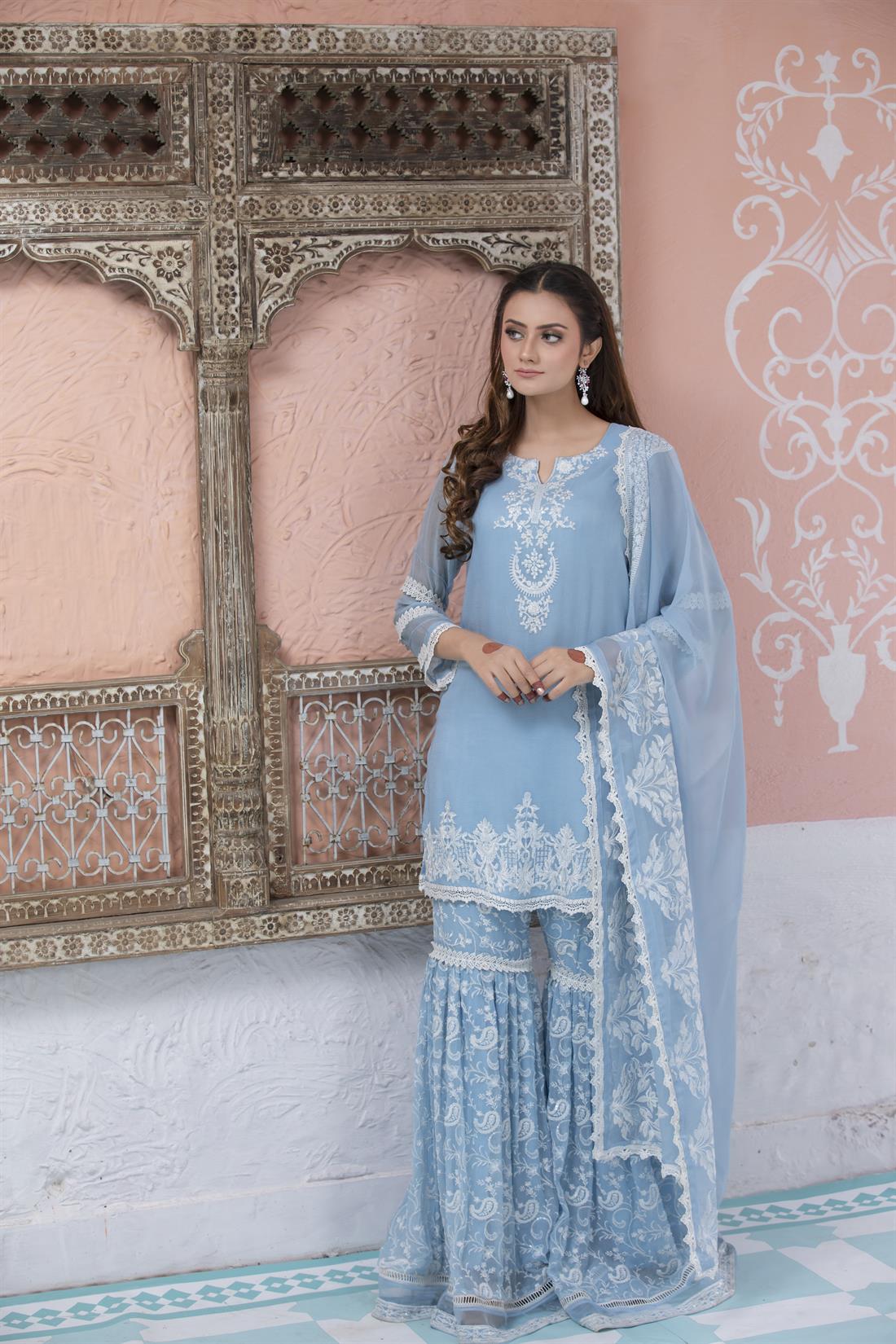 Blue Chiffon 3 Piece Embroidered Resham Kameez with Gharara