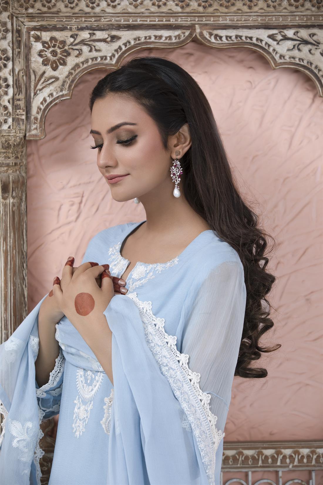 Blue Chiffon 3 Piece Embroidered Resham Kameez with Gharara