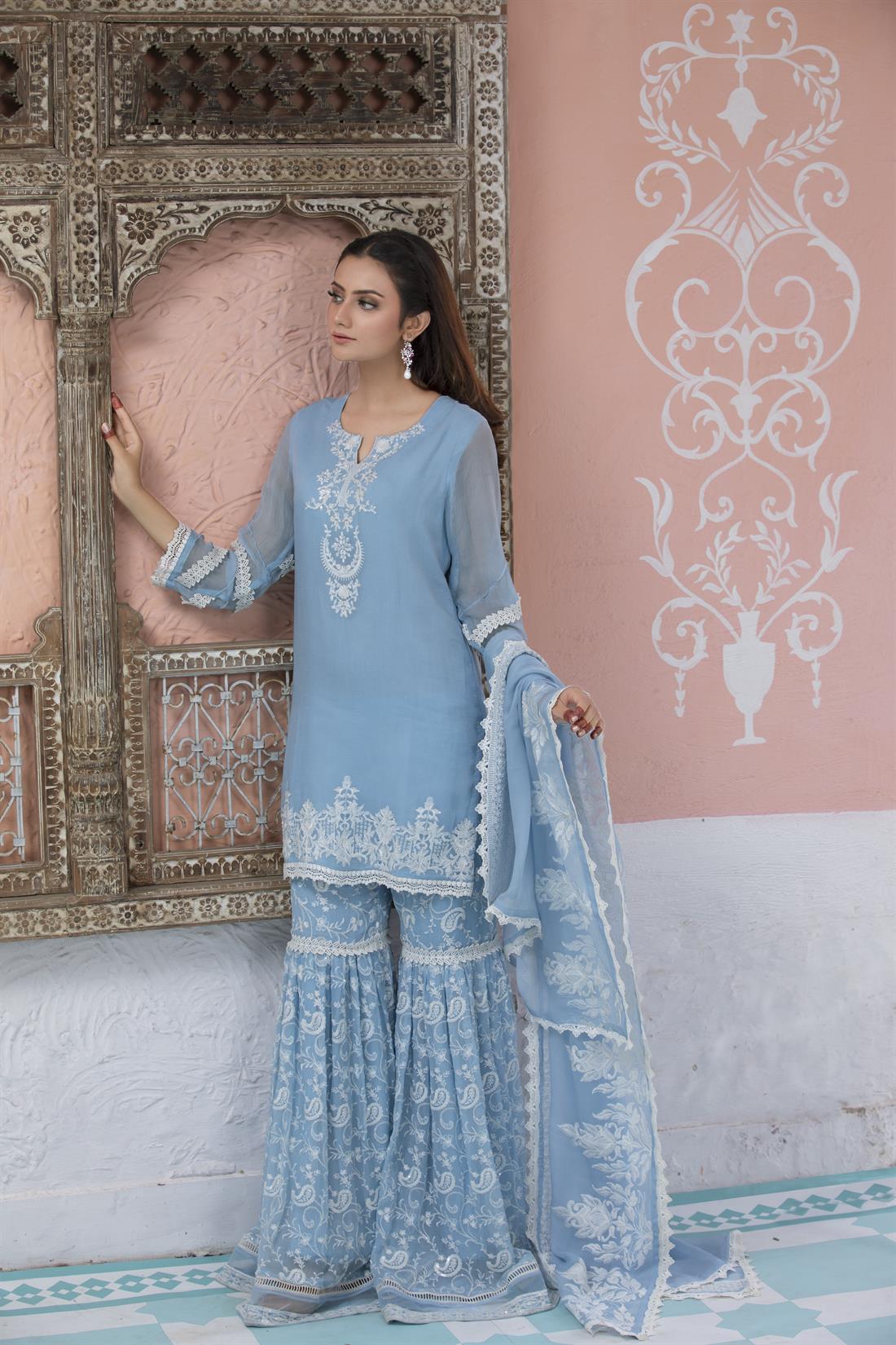 Blue Chiffon 3 Piece Embroidered Resham Kameez with Gharara
