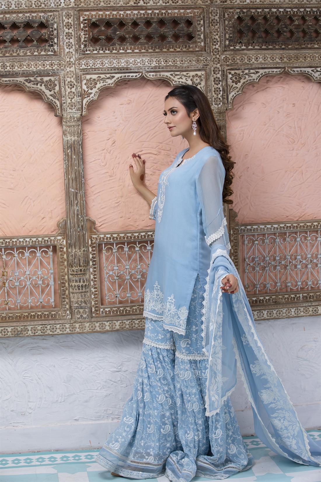 Blue Chiffon 3 Piece Embroidered Resham Kameez with Gharara