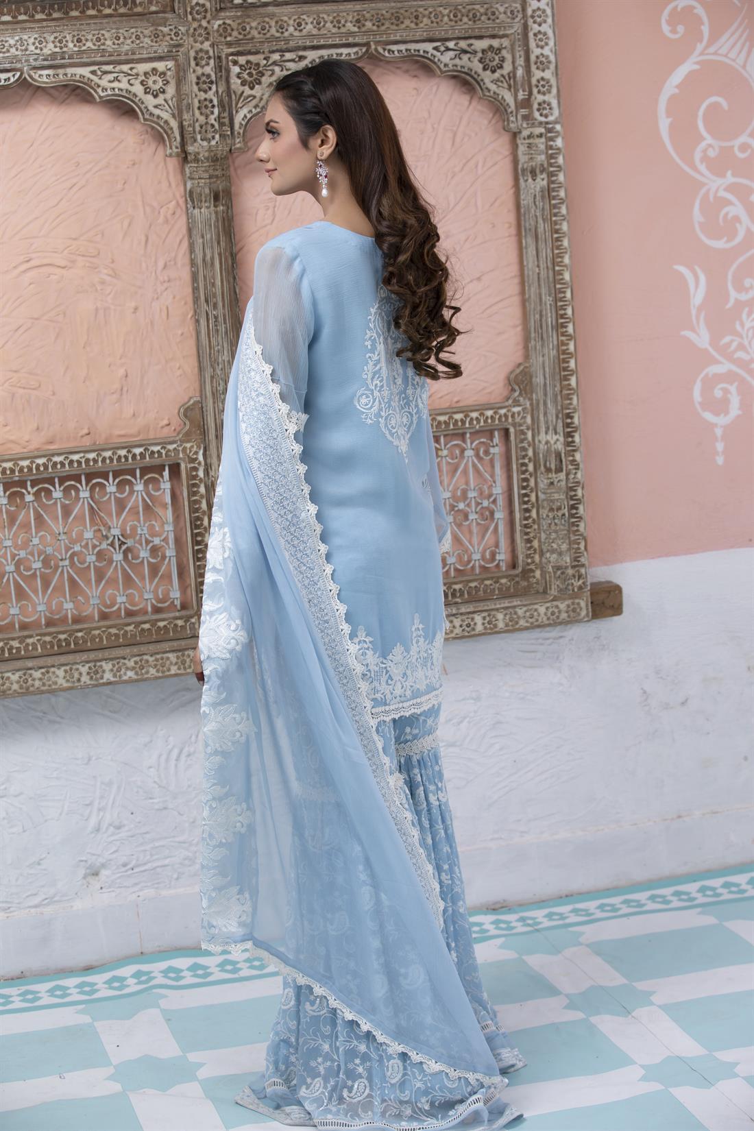 Blue Chiffon 3 Piece Embroidered Resham Kameez with Gharara