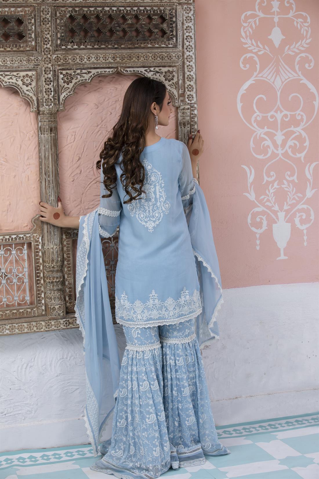 Blue Chiffon 3 Piece Embroidered Resham Kameez with Gharara