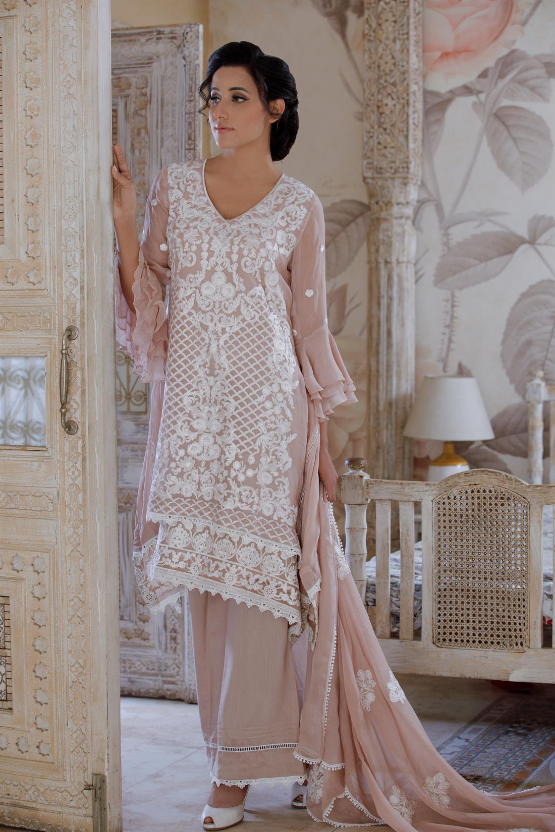 Cappuccino 3 Piece Chiffon Heavy Embroidered Shirt with Palazzo