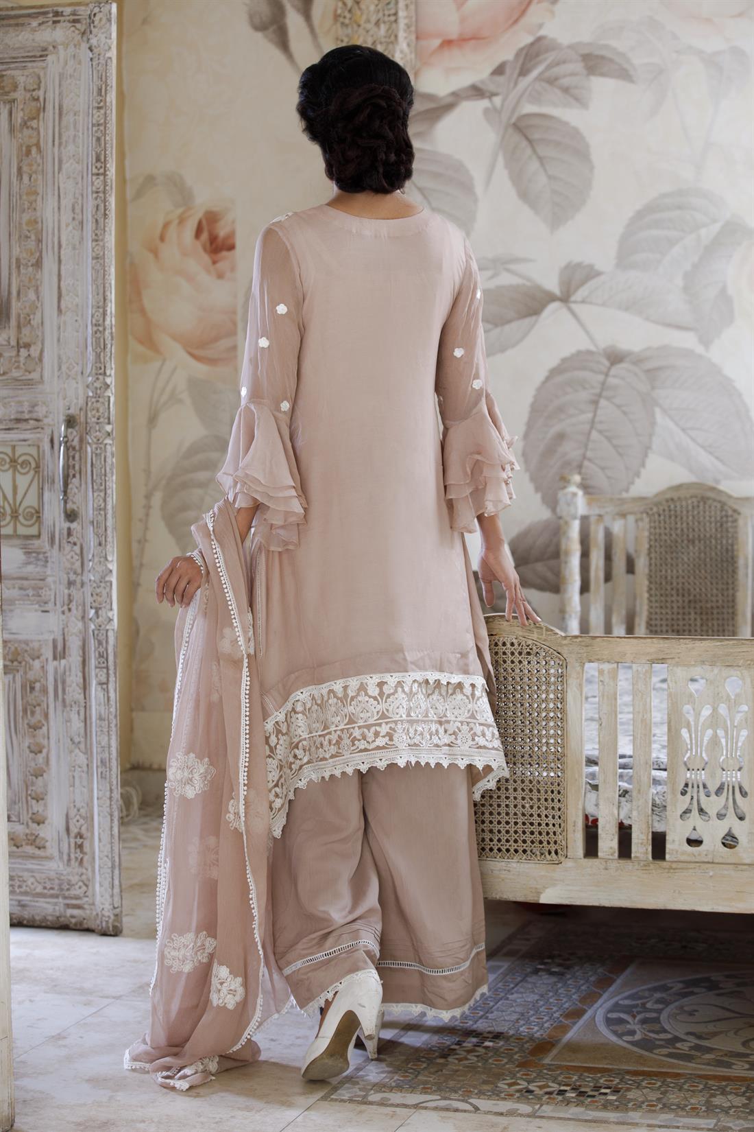Cappuccino 3 Piece Chiffon Heavy Embroidered Shirt with Palazzo