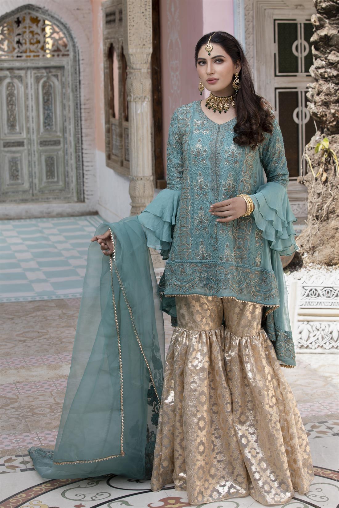 Aqua Green Embroidered 3 Piece Beautiful Tail Cut Shirt with Organza Gharara