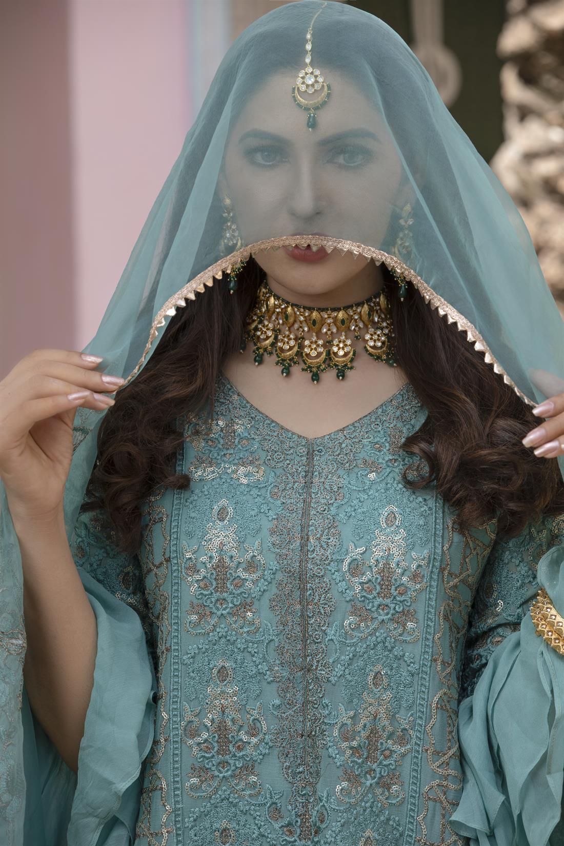 Aqua Green Embroidered 3 Piece Beautiful Tail Cut Shirt with Organza Gharara