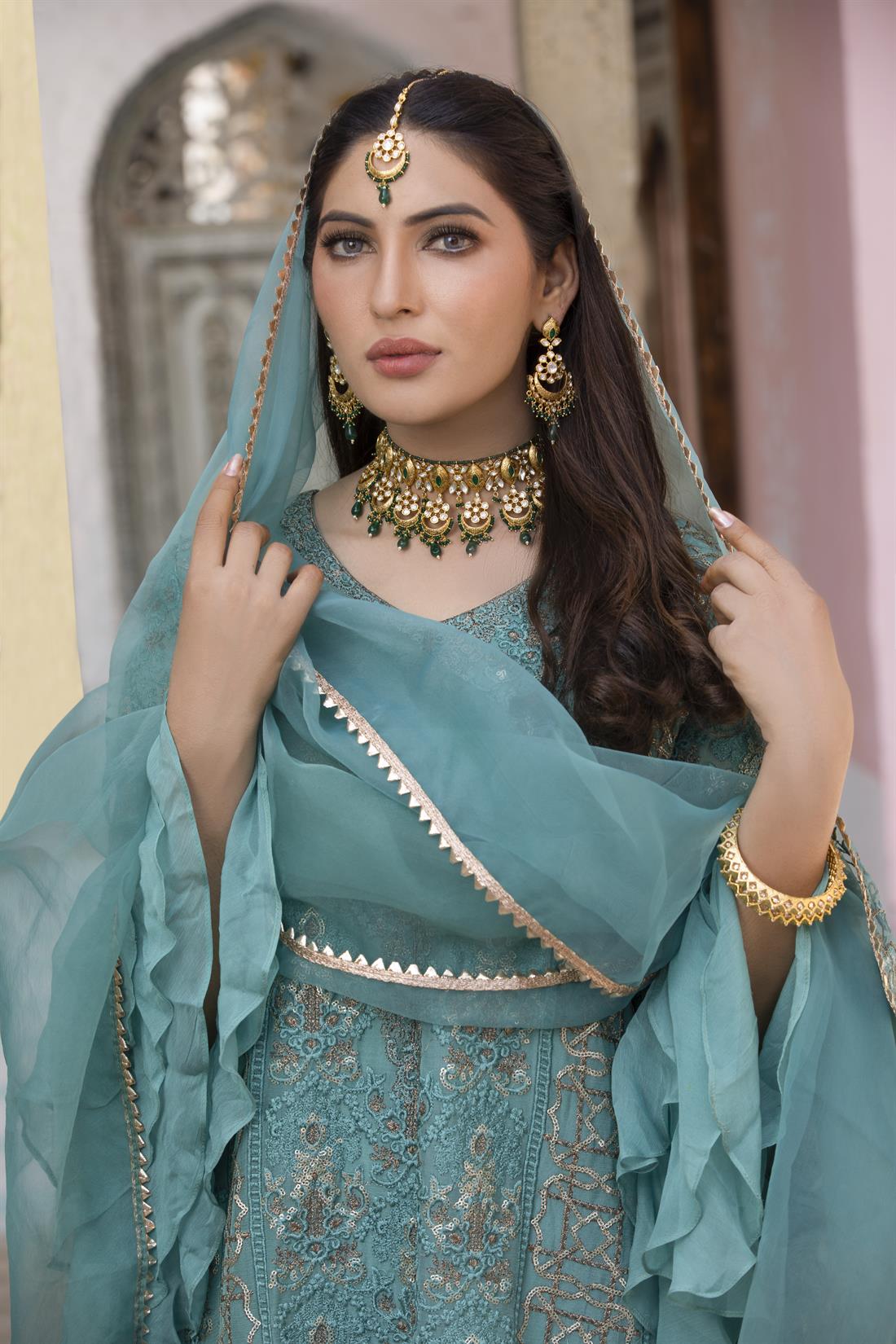 Aqua Green Embroidered 3 Piece Beautiful Tail Cut Shirt with Organza Gharara