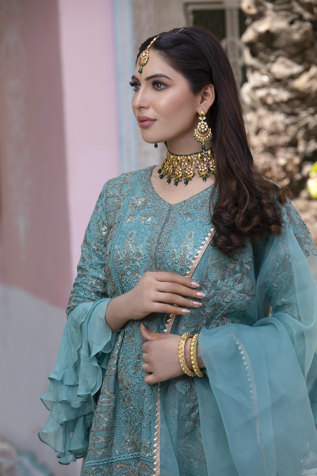 Aqua Green Embroidered 3 Piece Beautiful Tail Cut Shirt with Organza Gharara