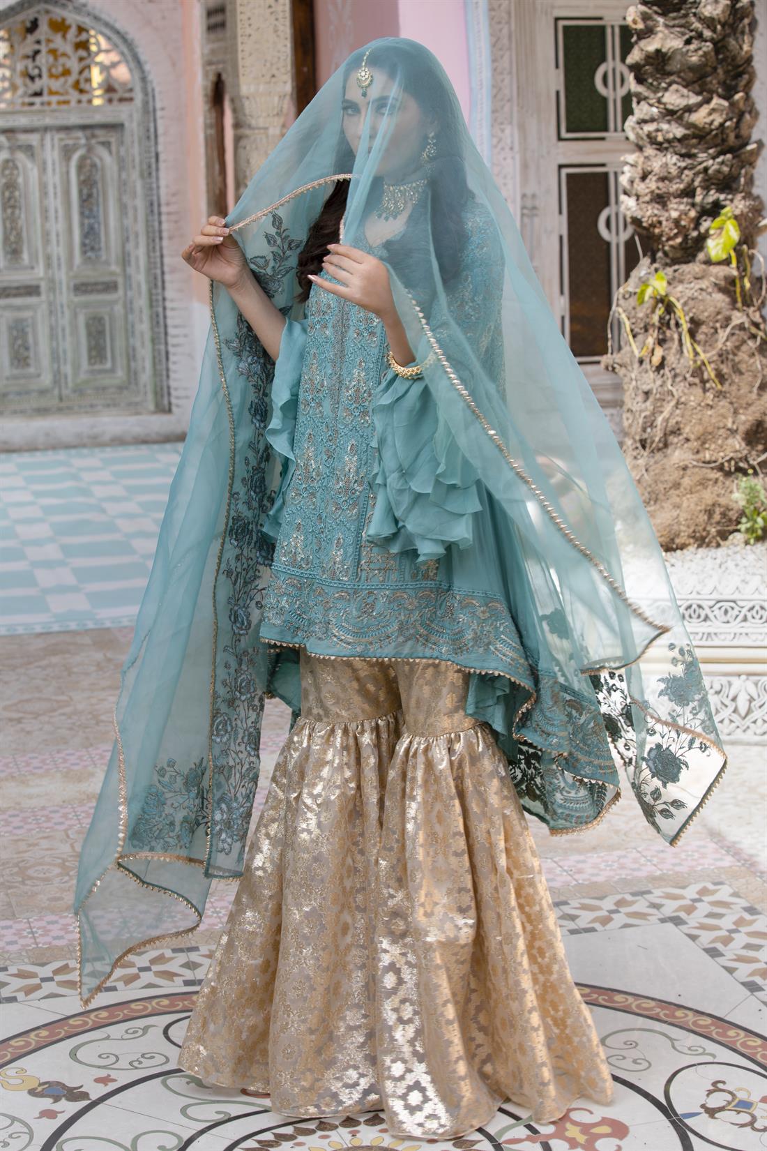 Aqua Green Embroidered 3 Piece Beautiful Tail Cut Shirt with Organza Gharara