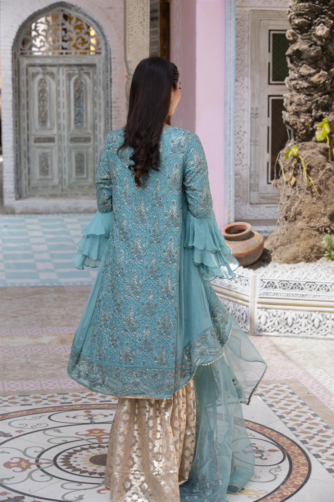 Aqua Green Embroidered 3 Piece Beautiful Tail Cut Shirt with Organza Gharara