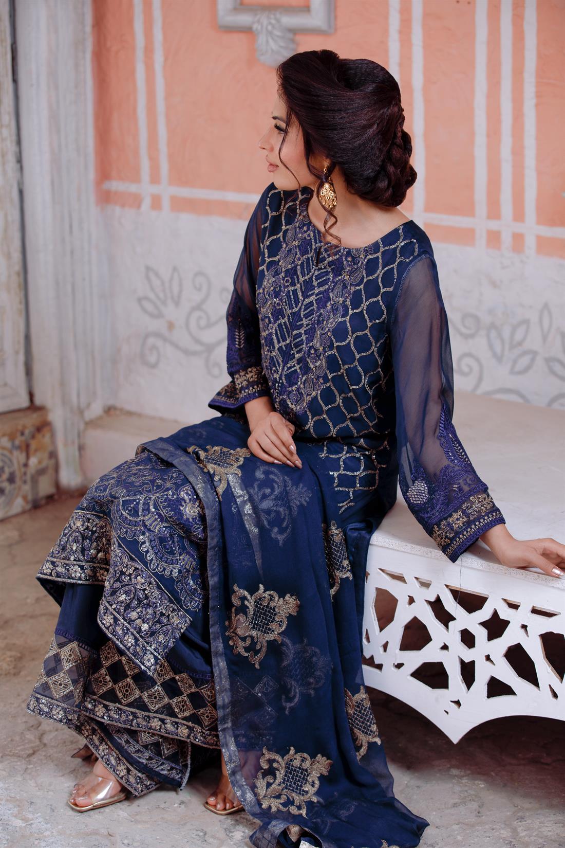 Navy Blue Embroidered Chiffon Kameez with Dupatta & Palazzo