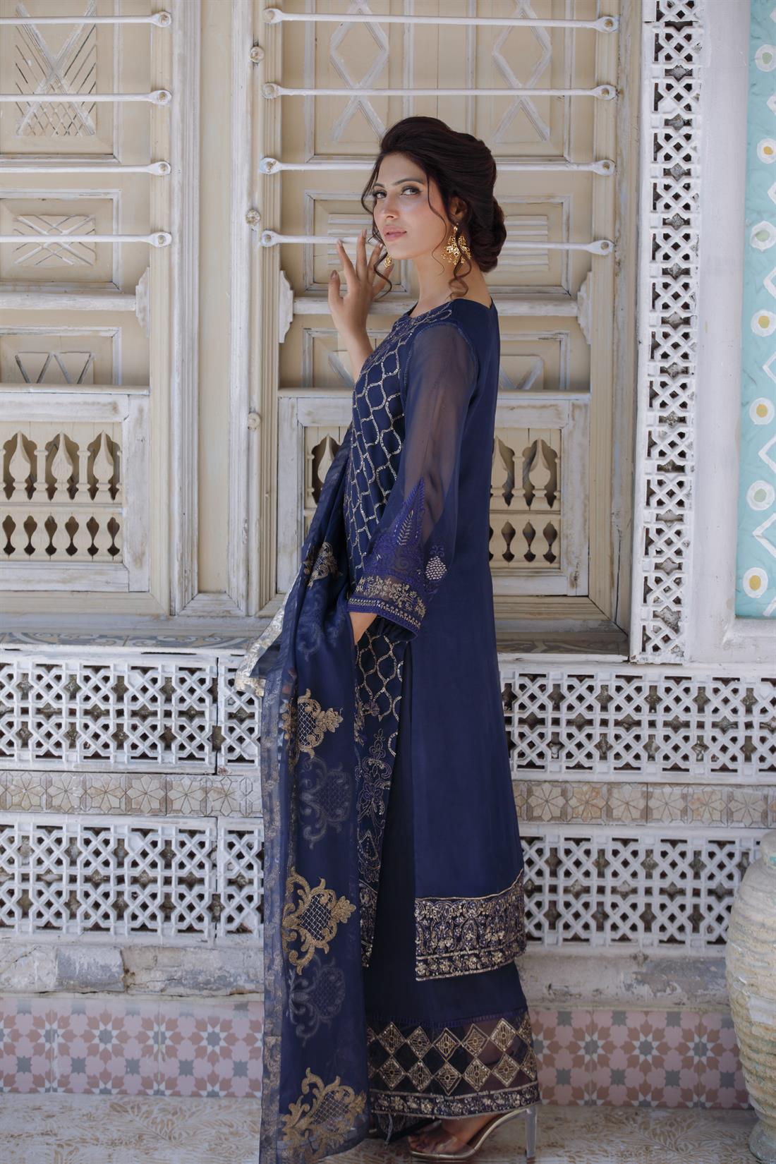 Navy Blue Embroidered Chiffon Kameez with Dupatta & Palazzo