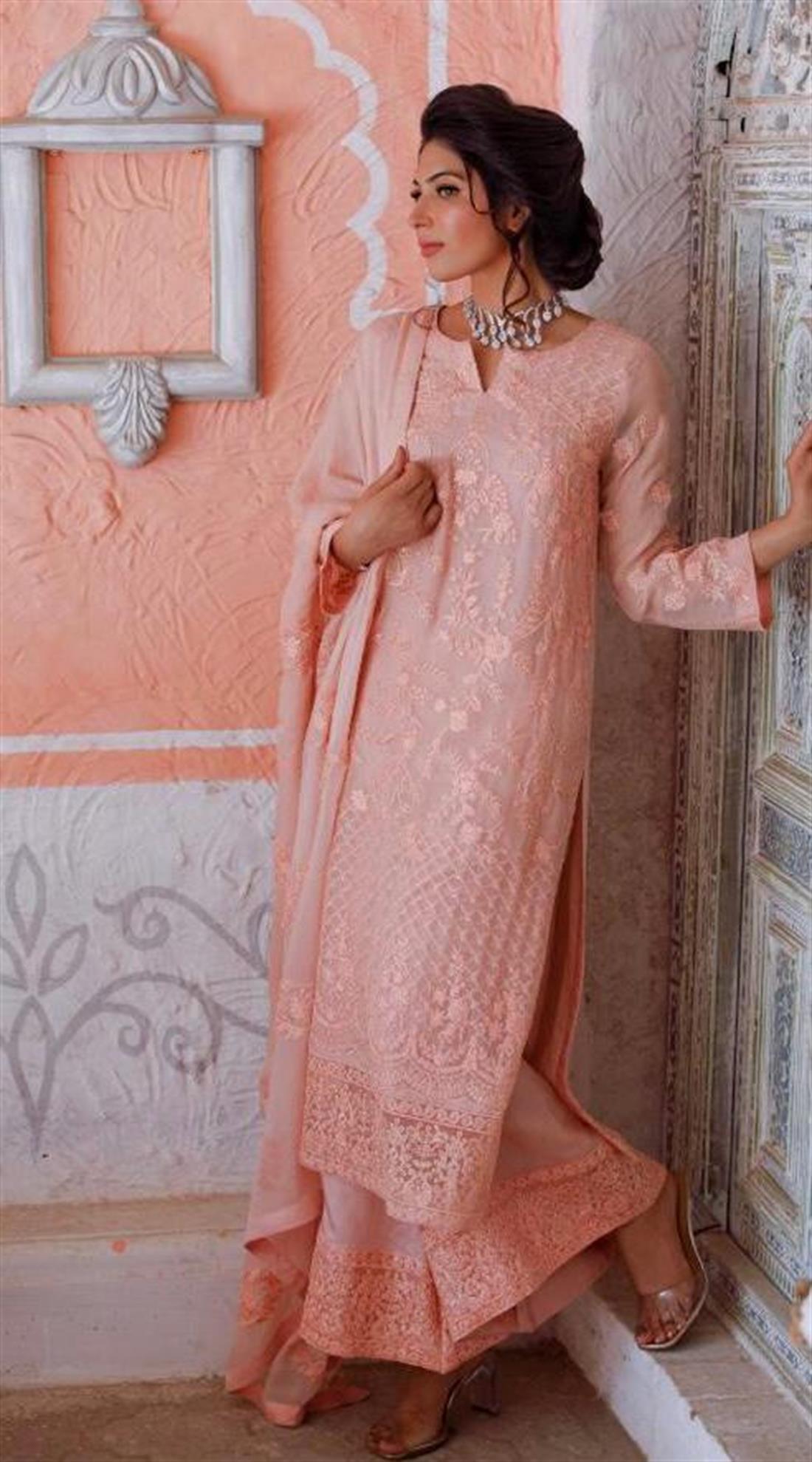 Peach Embroidered 3 Piece Chiffon Kameez with Dupatta & Palazzo