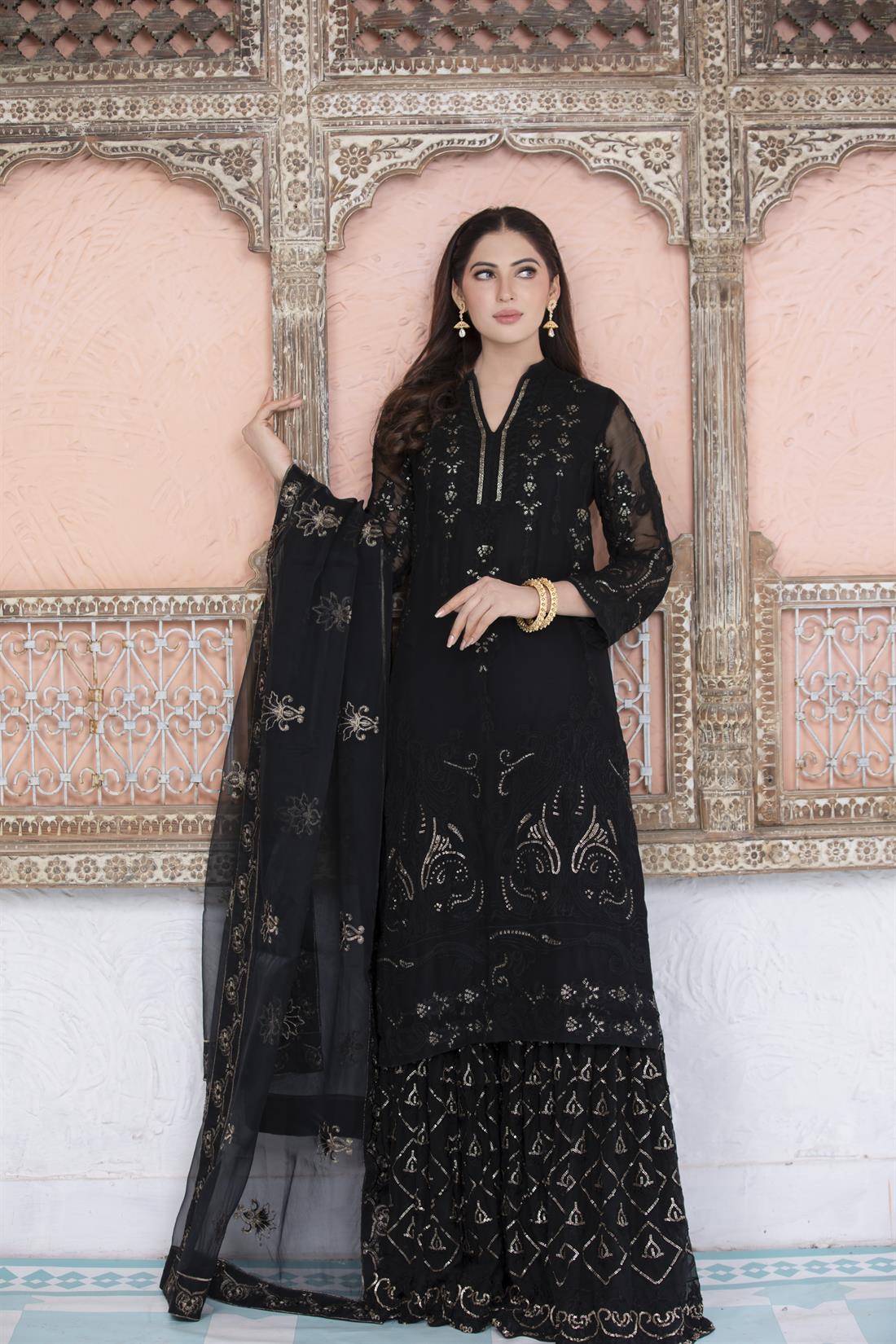 Black Embroidered 3 Piece Chiffon Kameez with Dupatta & Gharara