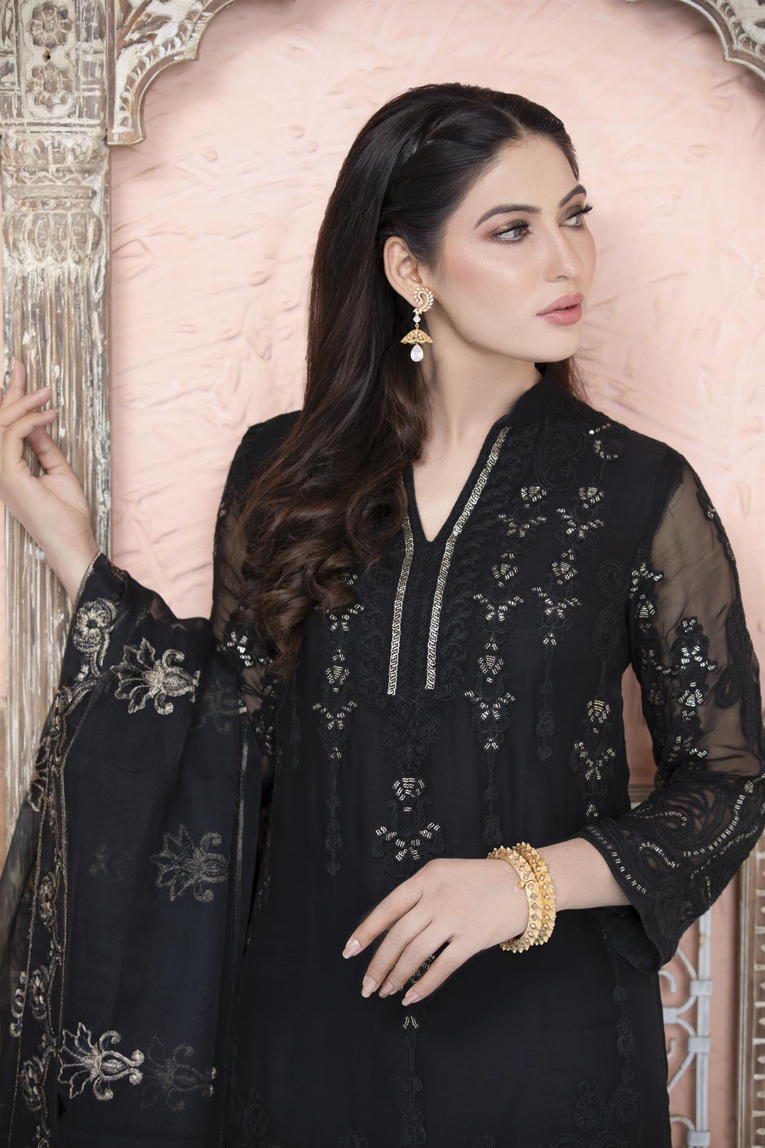 Black Embroidered 3 Piece Chiffon Kameez with Dupatta & Gharara