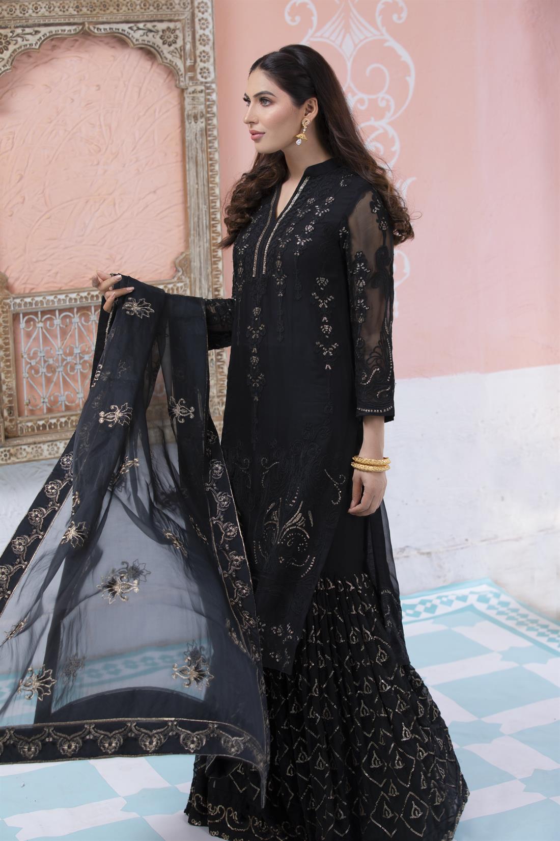 Black Embroidered 3 Piece Chiffon Kameez with Dupatta & Gharara