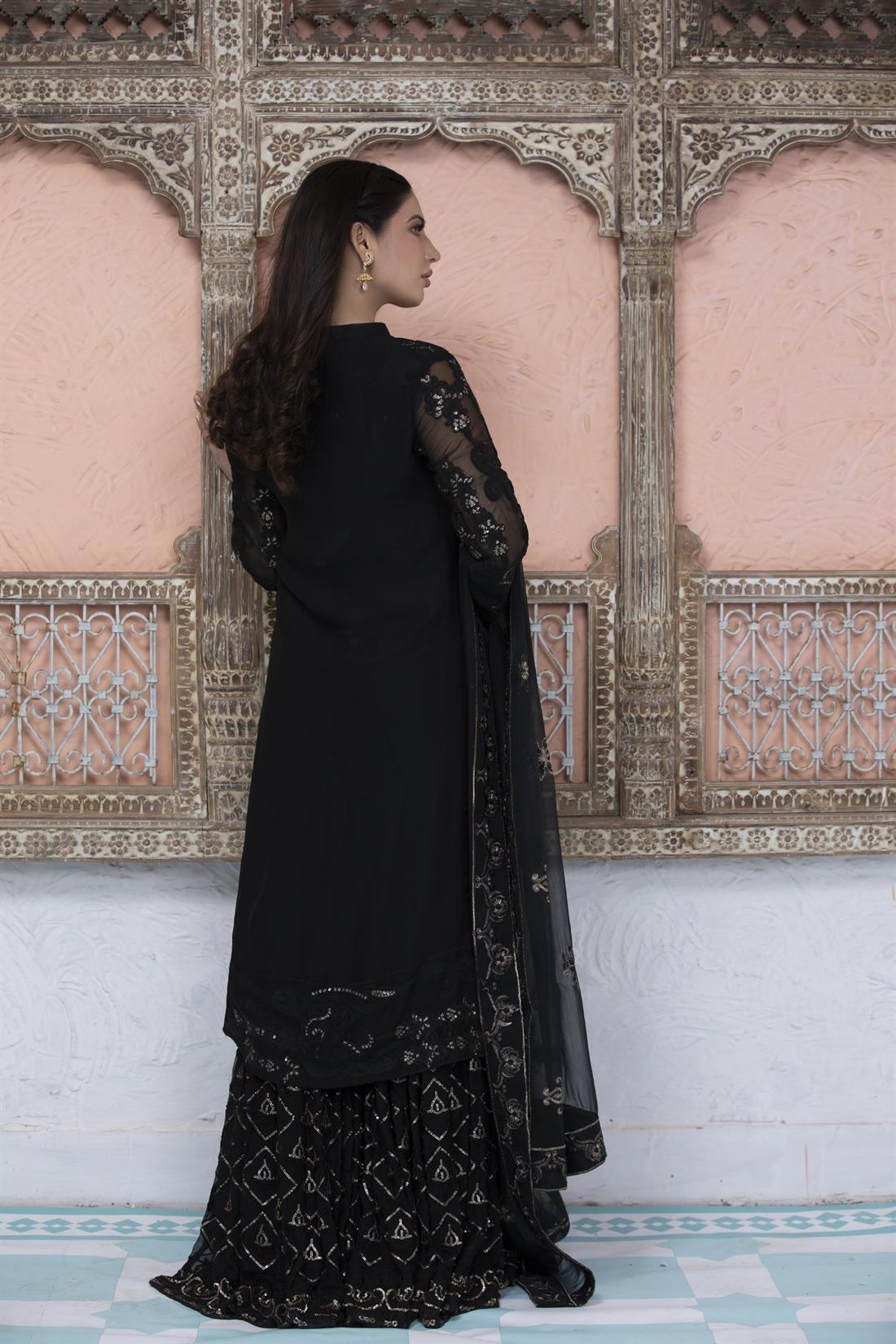 Black Embroidered 3 Piece Chiffon Kameez with Dupatta & Gharara