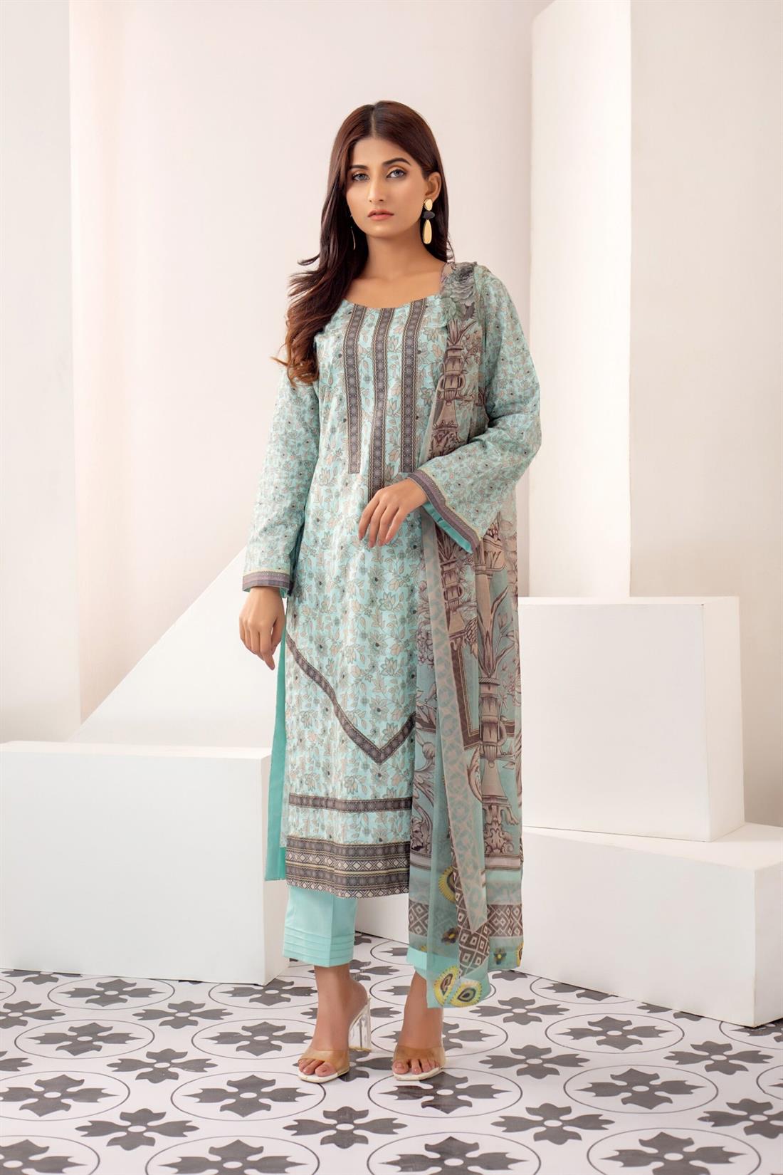 Aqua Blue Printed Shirt with Dupatta & Trouser