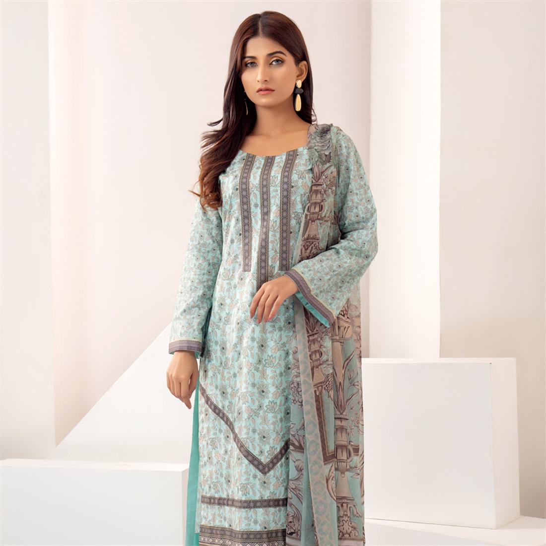 Aqua Blue Printed Shirt with Dupatta & Trouser