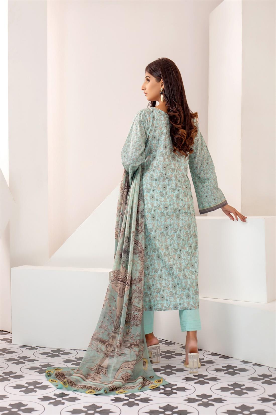Aqua Blue Printed Shirt with Dupatta & Trouser