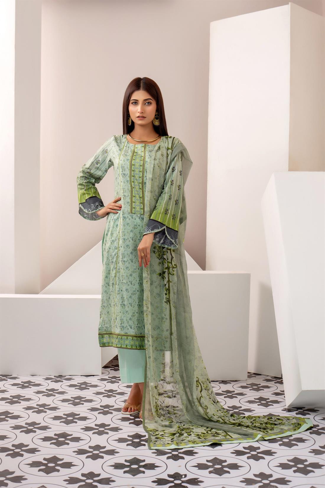 Mint Printed Shirt with Bamber Dupatta & Trouser