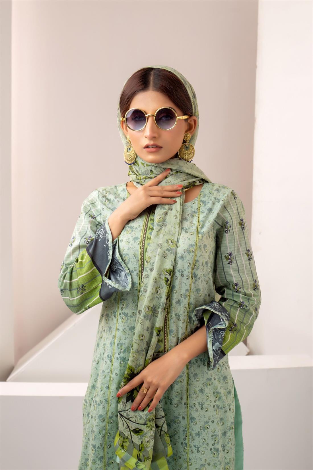 Mint Printed Shirt with Bamber Dupatta & Trouser