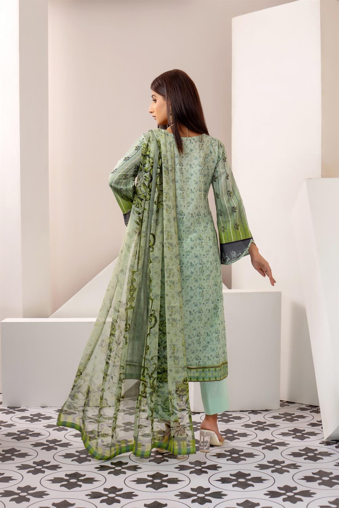 Mint Printed Shirt with Bamber Dupatta & Trouser