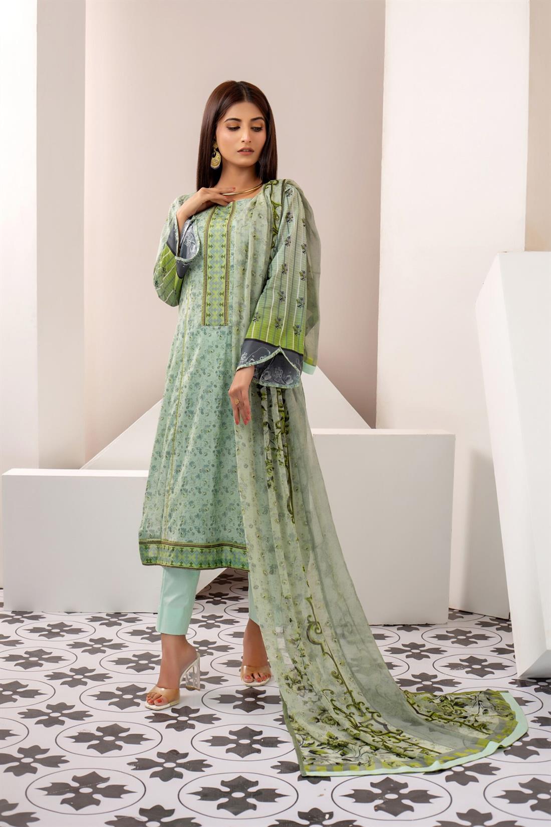 Mint Printed Shirt with Bamber Dupatta & Trouser