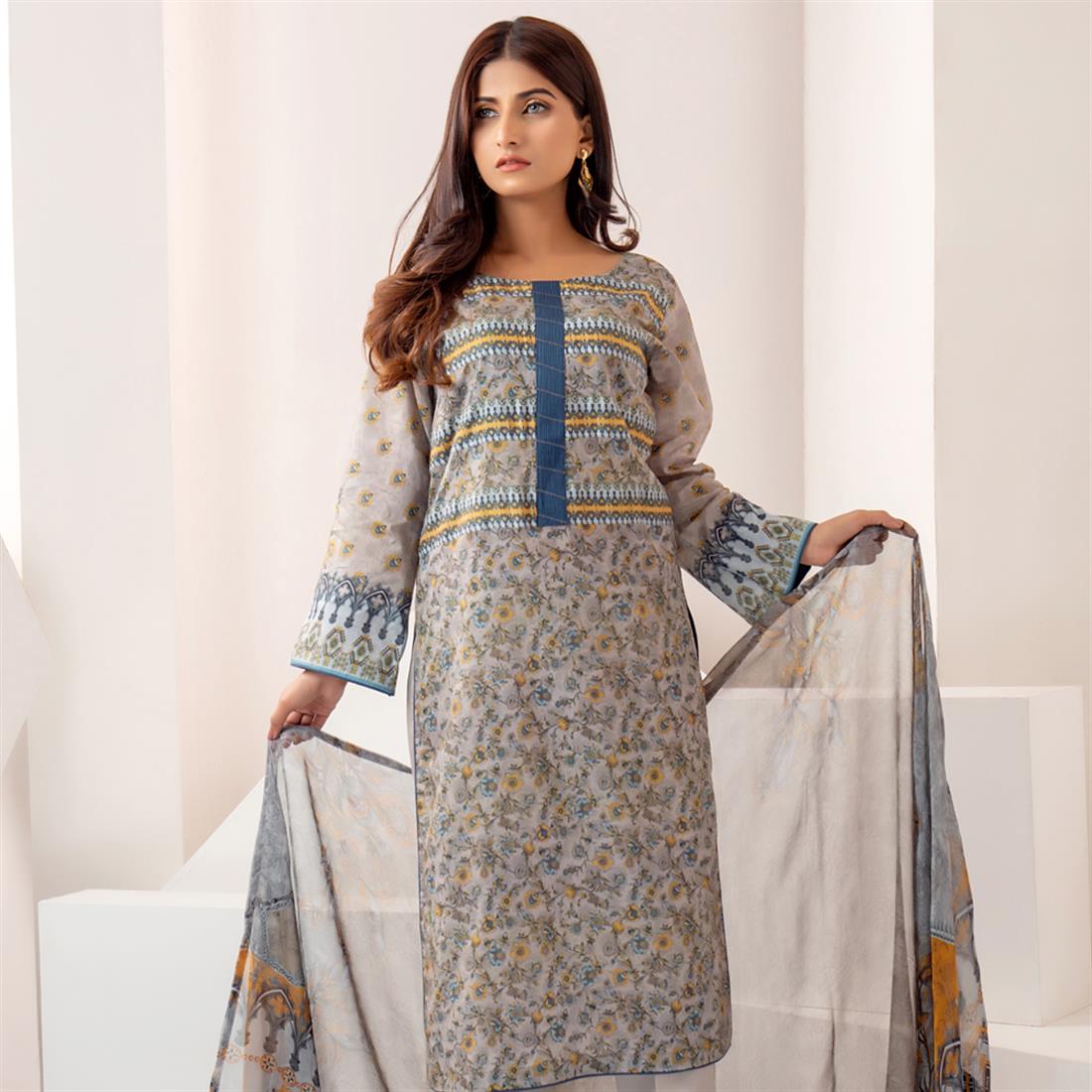 Grey & Multicolour Grey/Multicolour Printed Shirt with Dupatta & Trouser