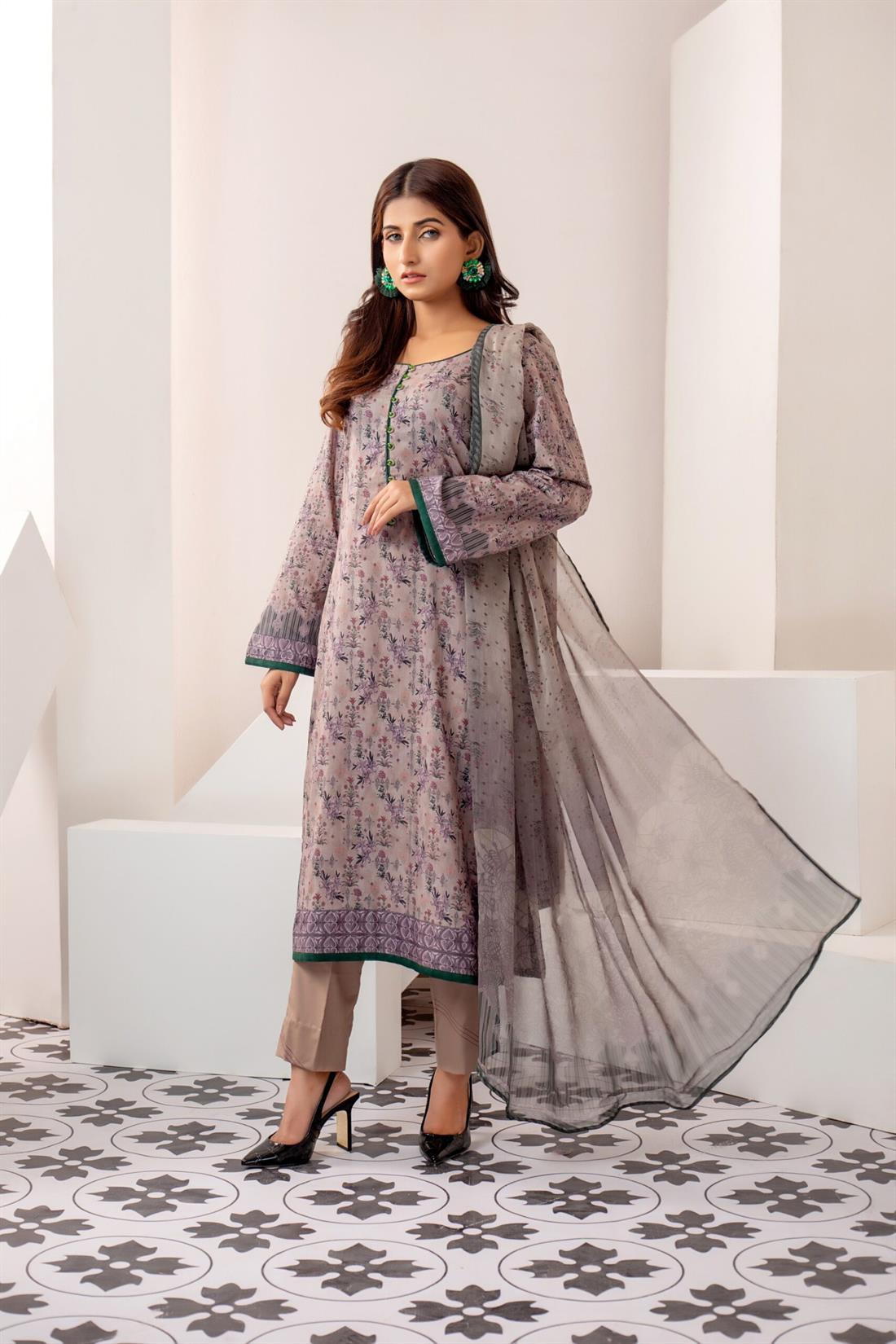 Beige Printed Shirt with Bamber Dupatta & Trouser