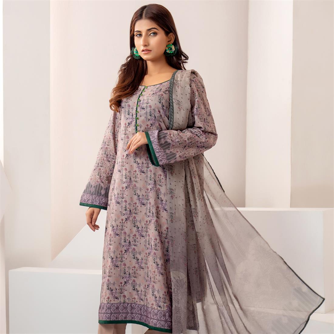 Beige Printed Shirt with Bamber Dupatta & Trouser