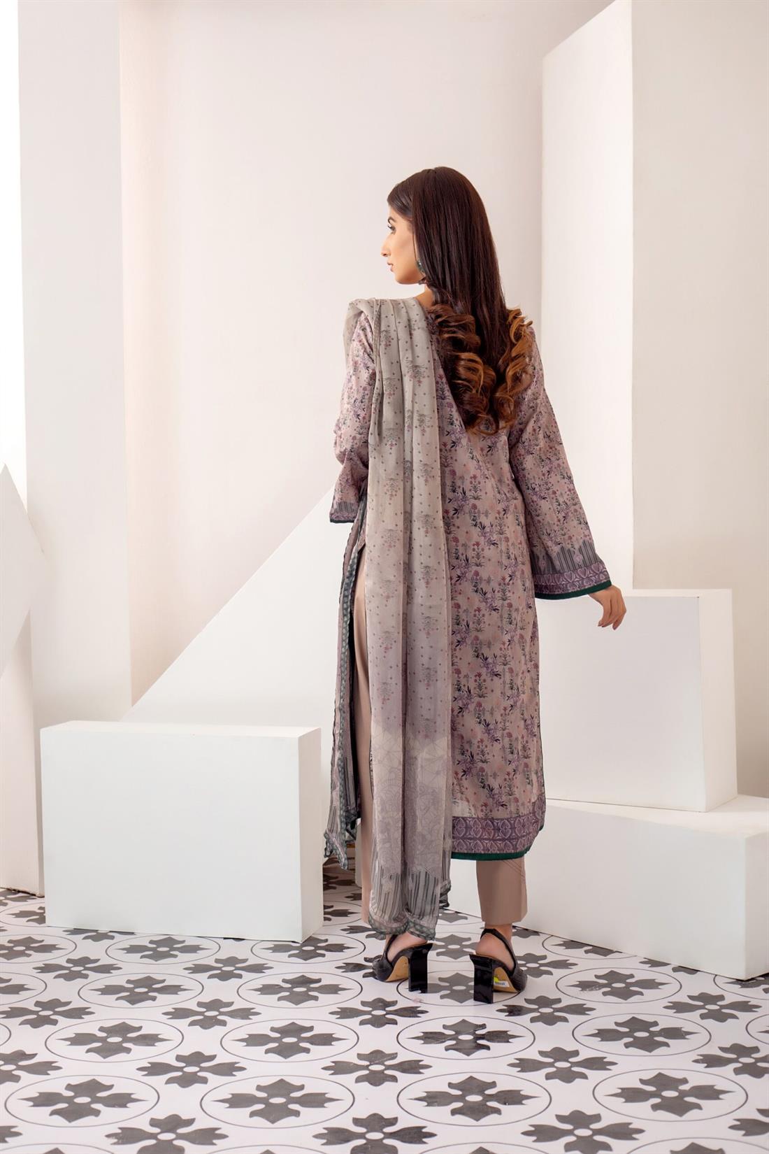 Beige Printed Shirt with Bamber Dupatta & Trouser