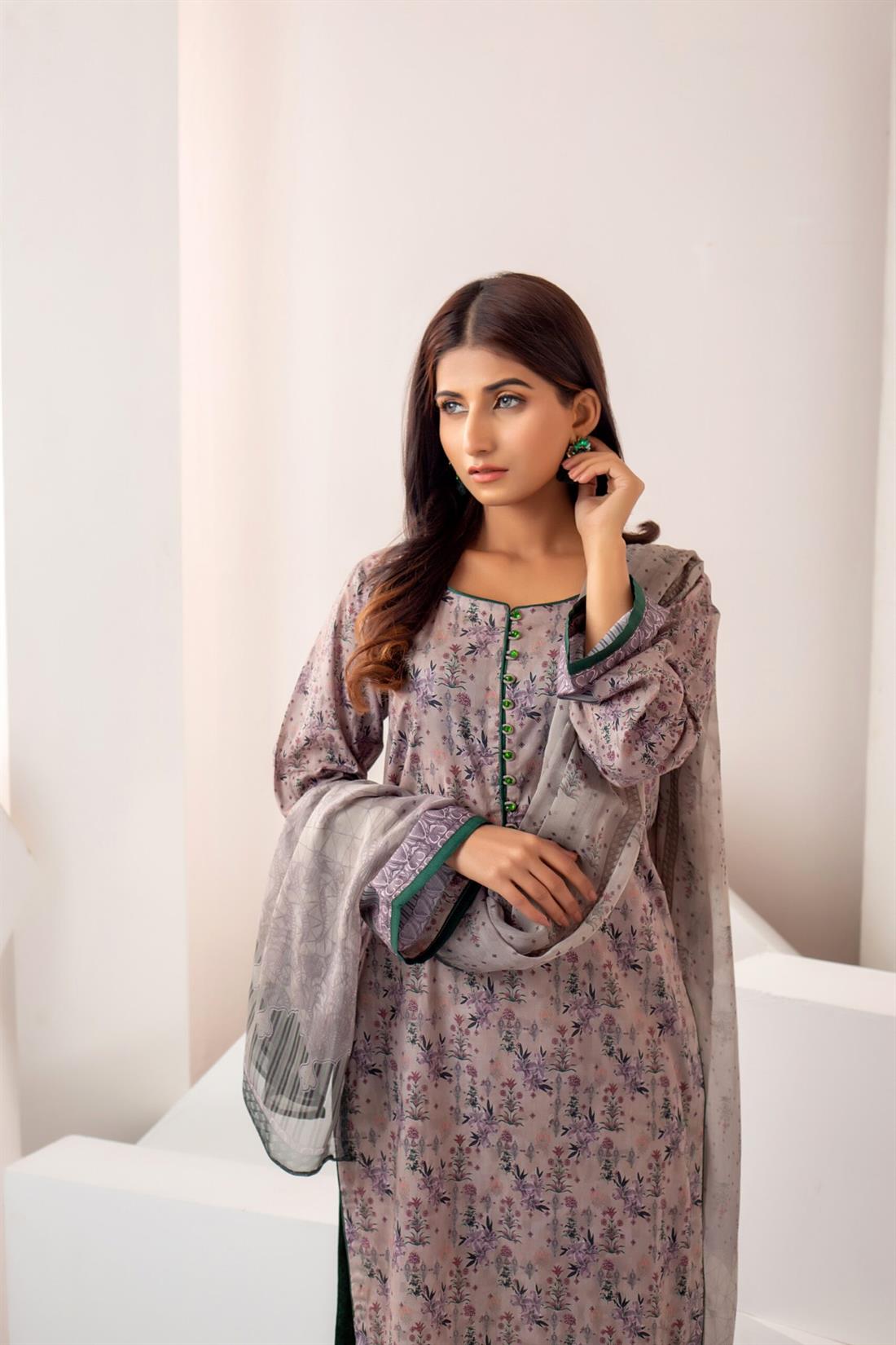 Beige Printed Shirt with Bamber Dupatta & Trouser