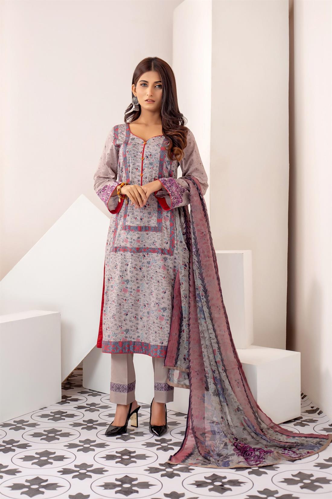 Grey Printed Shirt with Bamber Dupatta & Trouser