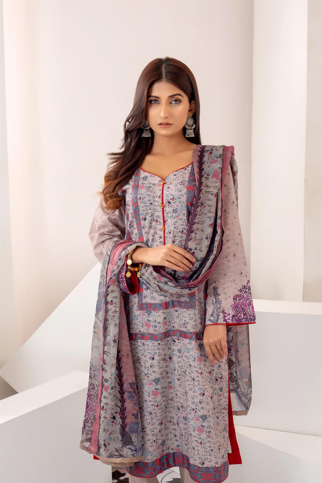 Grey Printed Shirt with Bamber Dupatta & Trouser
