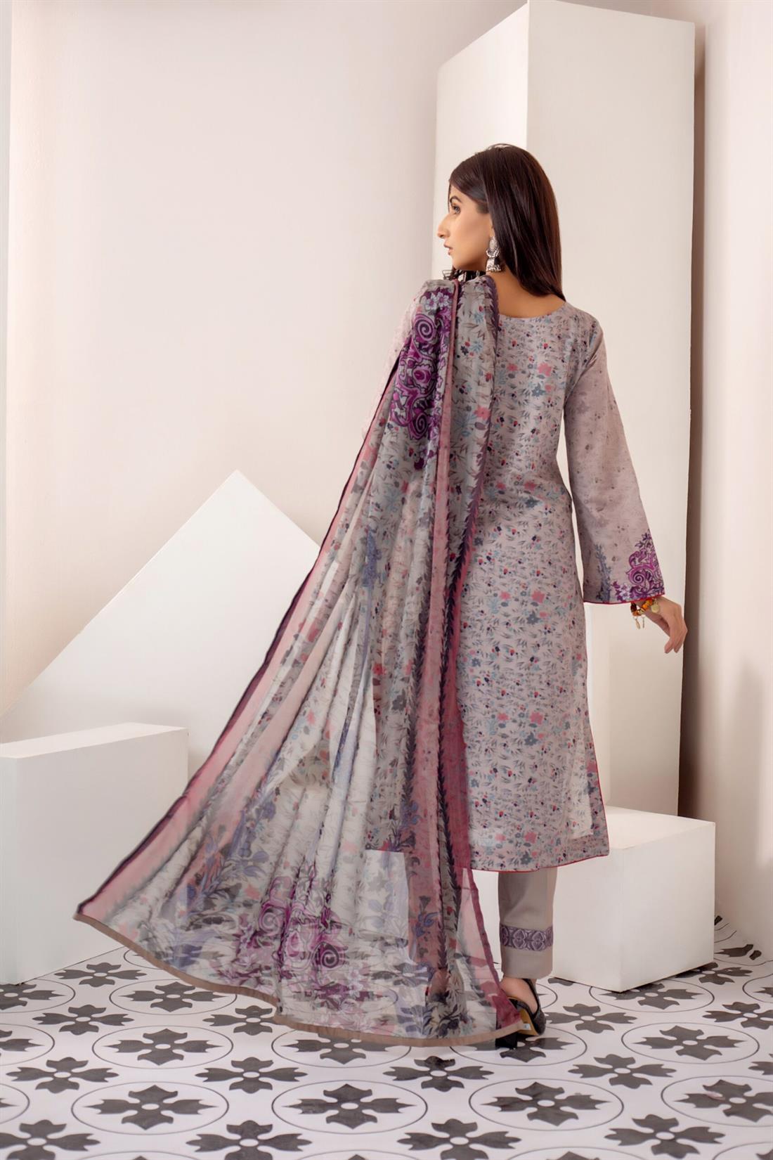 Grey Printed Shirt with Bamber Dupatta & Trouser